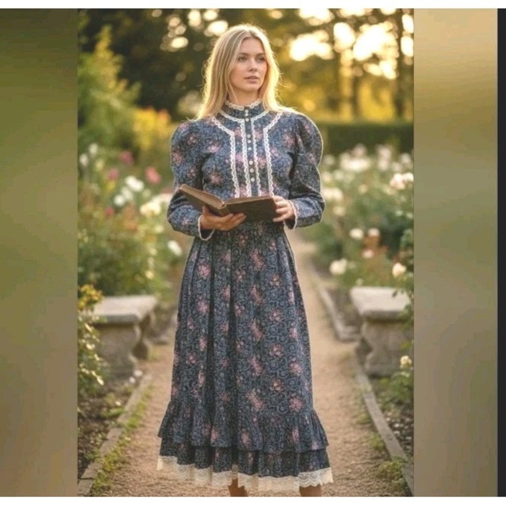 Vintage Gunne Sax Prairie Set Blue Floral Lace Gunne Sport Jessica McClintock